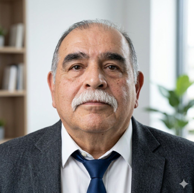 A close-up of an older man with a mustache and gray hair, wearing a dark suit, white shirt, and blue tie, sitting in an office with shelves and a potted plant in the background.