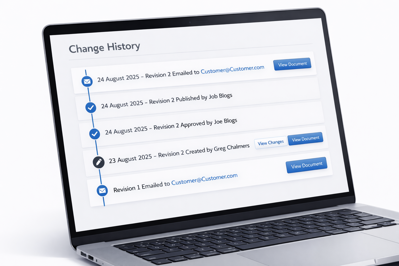 Laptop screen displaying a change history log with entries showing email and document revision details from August 23-24, 2025.