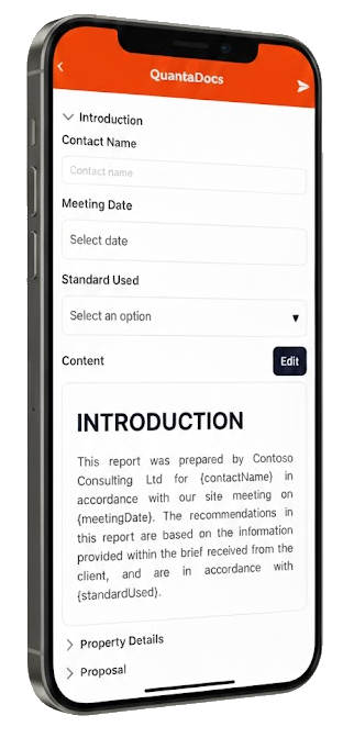 Smartphone screen displaying a report form in the QuantaDocs app with sections for introduction, contact name, meeting date, standard used, and content preview.