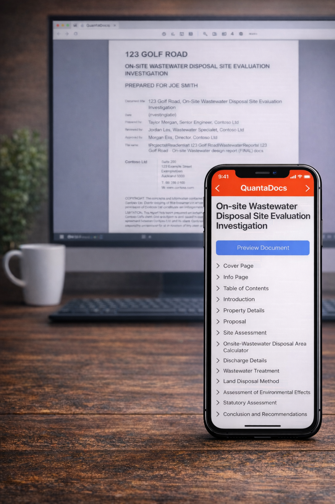 A computer screen displaying a document titled '123 GOLF ROAD,' with text regarding on-site wastewater disposal site evaluation. In the foreground, a smartphone shows an app titled 'QuantaDocs' with a list of sections for the report, including 'Cover Page,' 'Info Page,' and 'Table of Contents.'