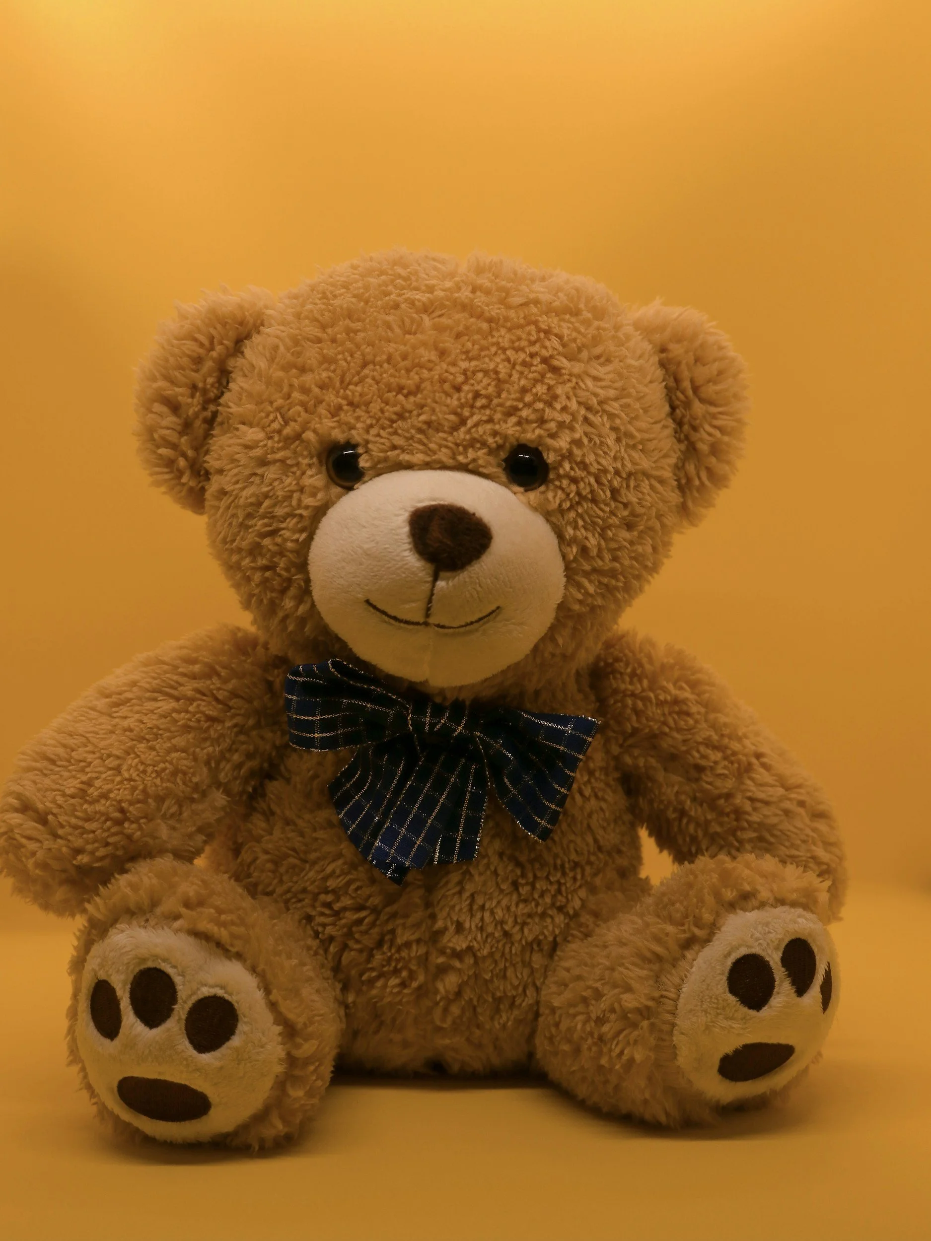 A brown teddy bear with a blue checkered bow tie sitting on a yellow background.