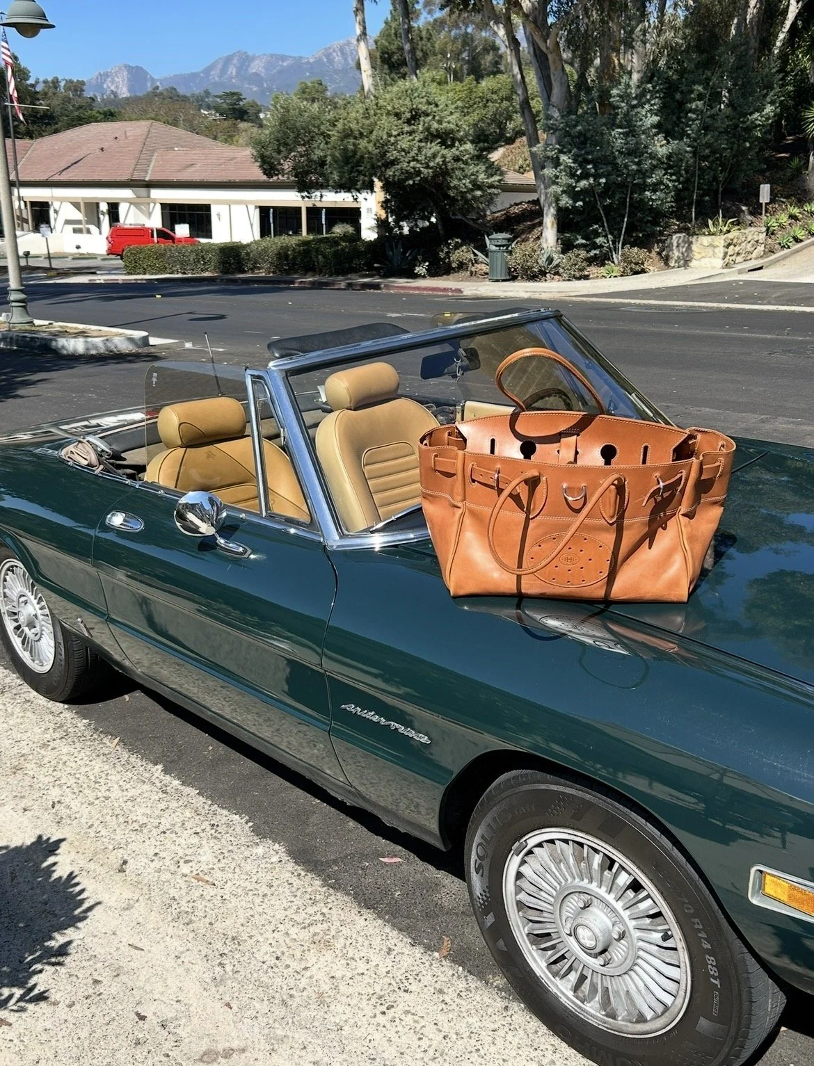 A vintage green convertible car with tan seats parked on a street, with a large brown leather bag resting on the car's hood.