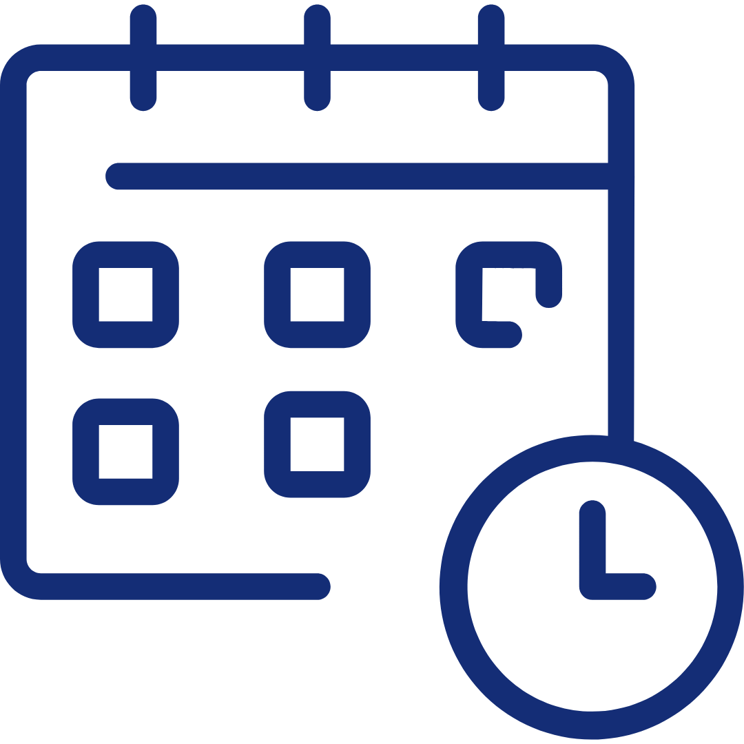 Calendar with date squares and a clock icon indicating time.