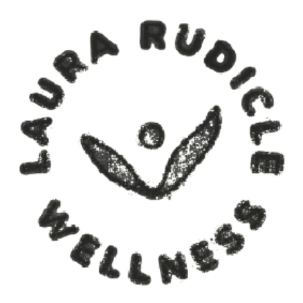 stamp effect logo that says "Laura Rudicle Wellness" and has an abstract plant-like wellness icon in the middle