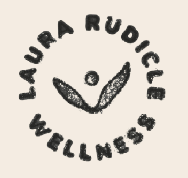 small stamp effect logo decoration that says "laura rudicle wellness" with an icon in the middle