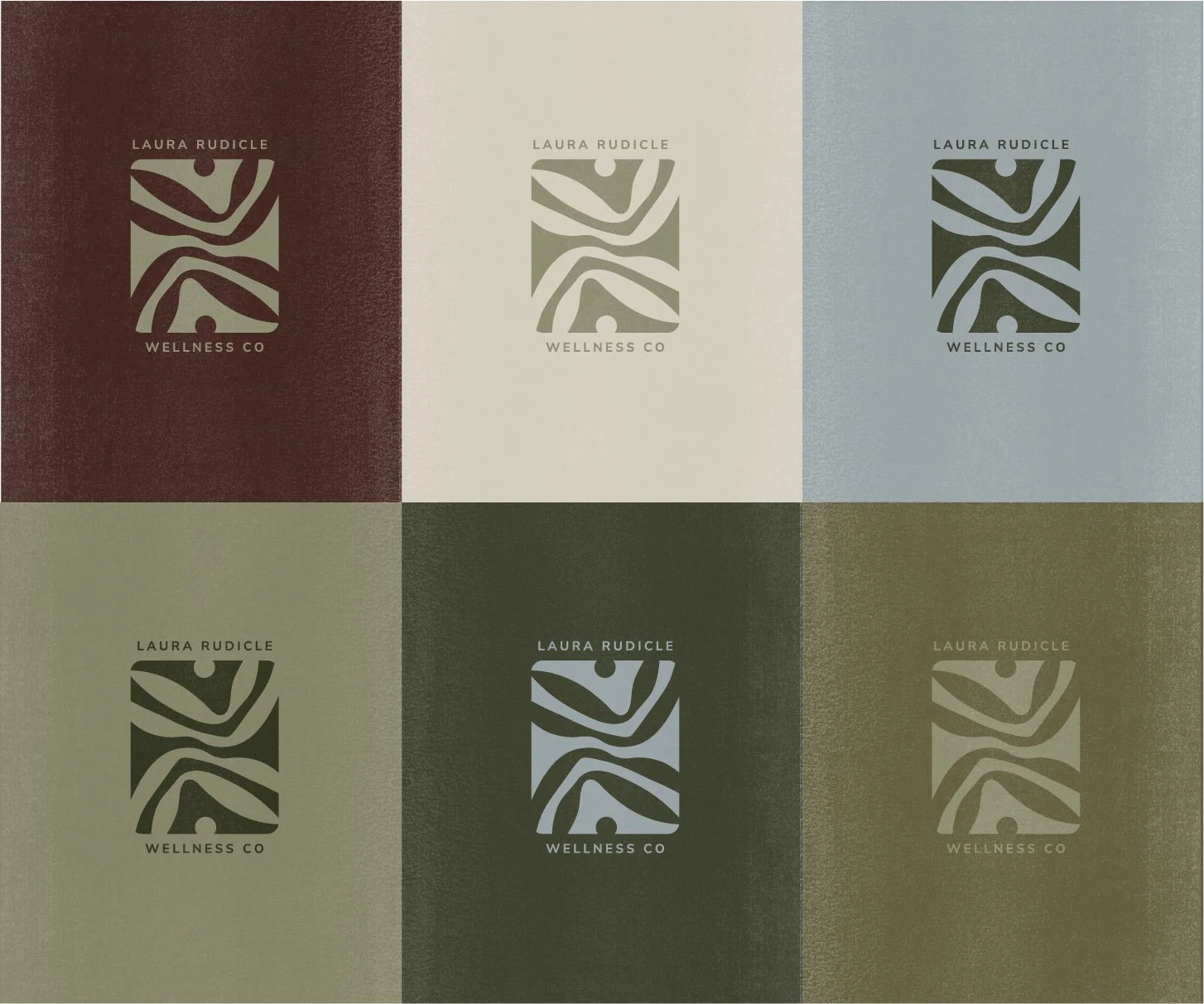 Color block squares that have different color combos of the logo with "Laura Rudicle Wellness Co" over various colors