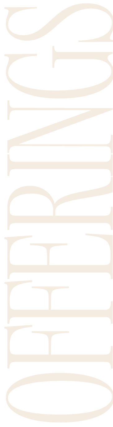text that reads "offerings" to describe this page, positioned vertically for effect