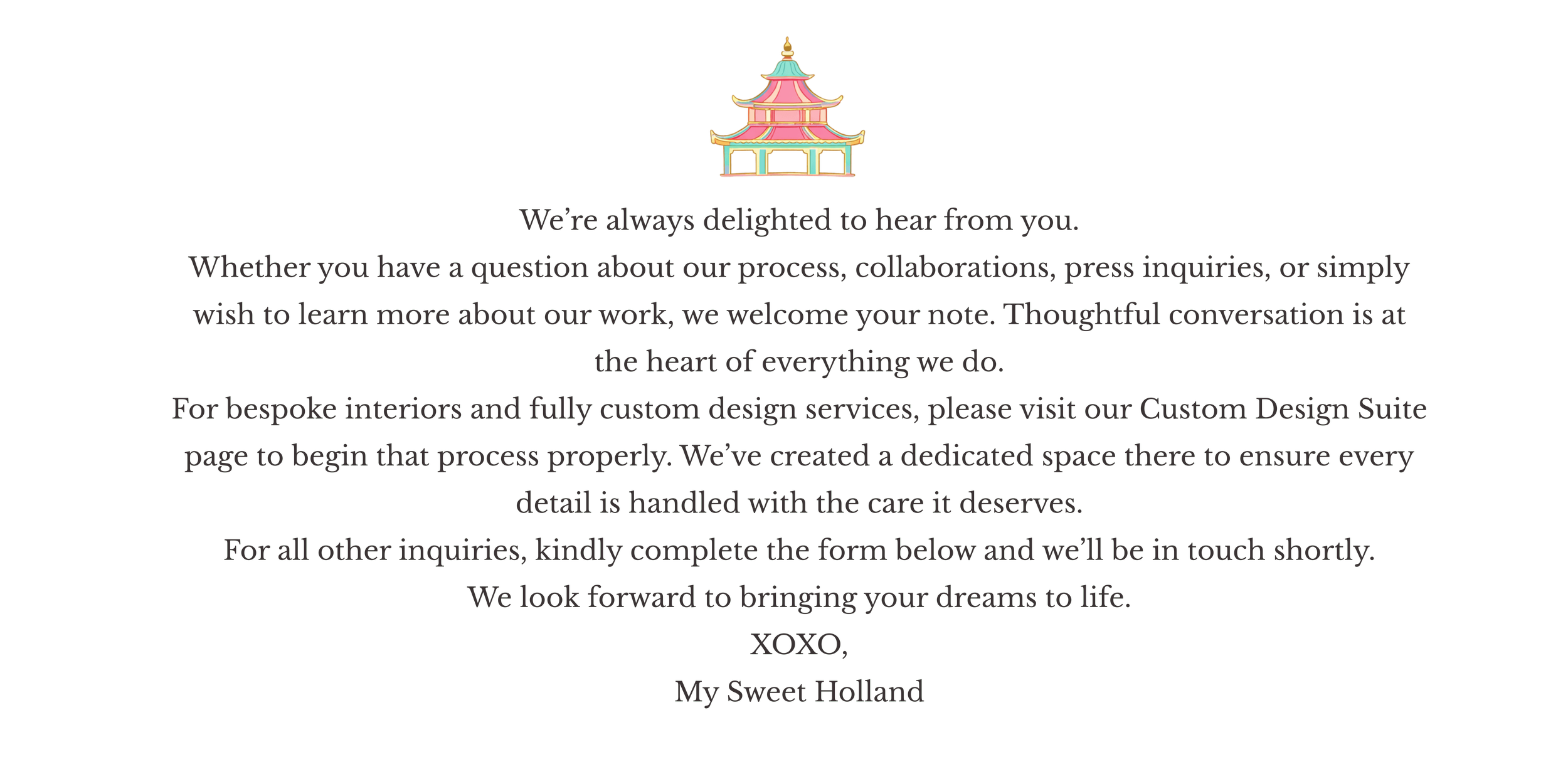 Text with a colorful Chinese pagoda illustration at the top, expressing a welcoming message for inquiries about interior design services, and inviting contact and collaboration.