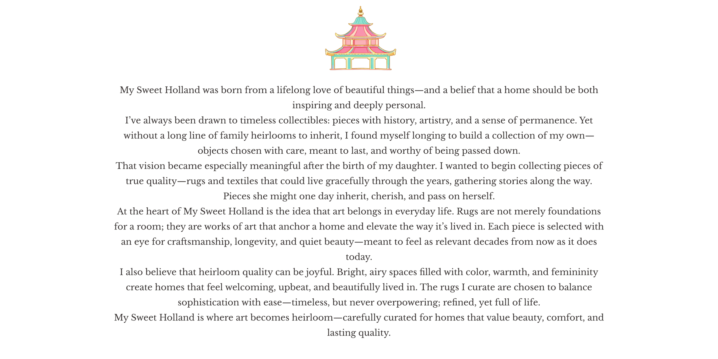 Image of a decorative block of text about My Sweet Holland, with a colorful, stylized pagoda illustration at the top center.