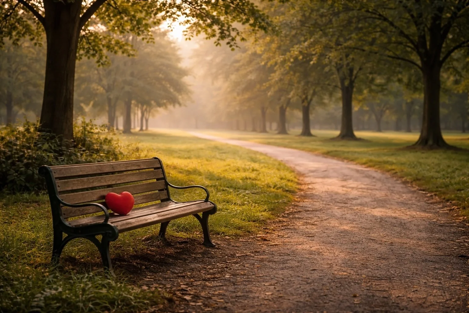 A wooden park bench with a red heart-shaped object on it, located along a dirt path in a sunlit park with trees and green grass, during sunset or sunrise.