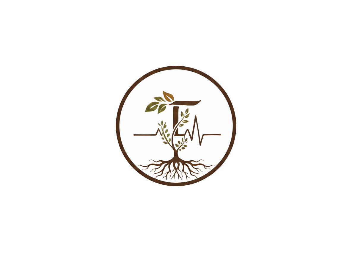 A logo featuring a tree with leaves, roots, and a stylized stethoscope forming a heart rate line, enclosed in a circle.