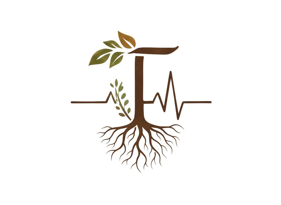 A digital illustration of a tree with roots, where the trunk forms a heart rate line. The tree has brown leaves, green foliage, and roots extending below the ground. There is a green battery icon on the right side of the image.