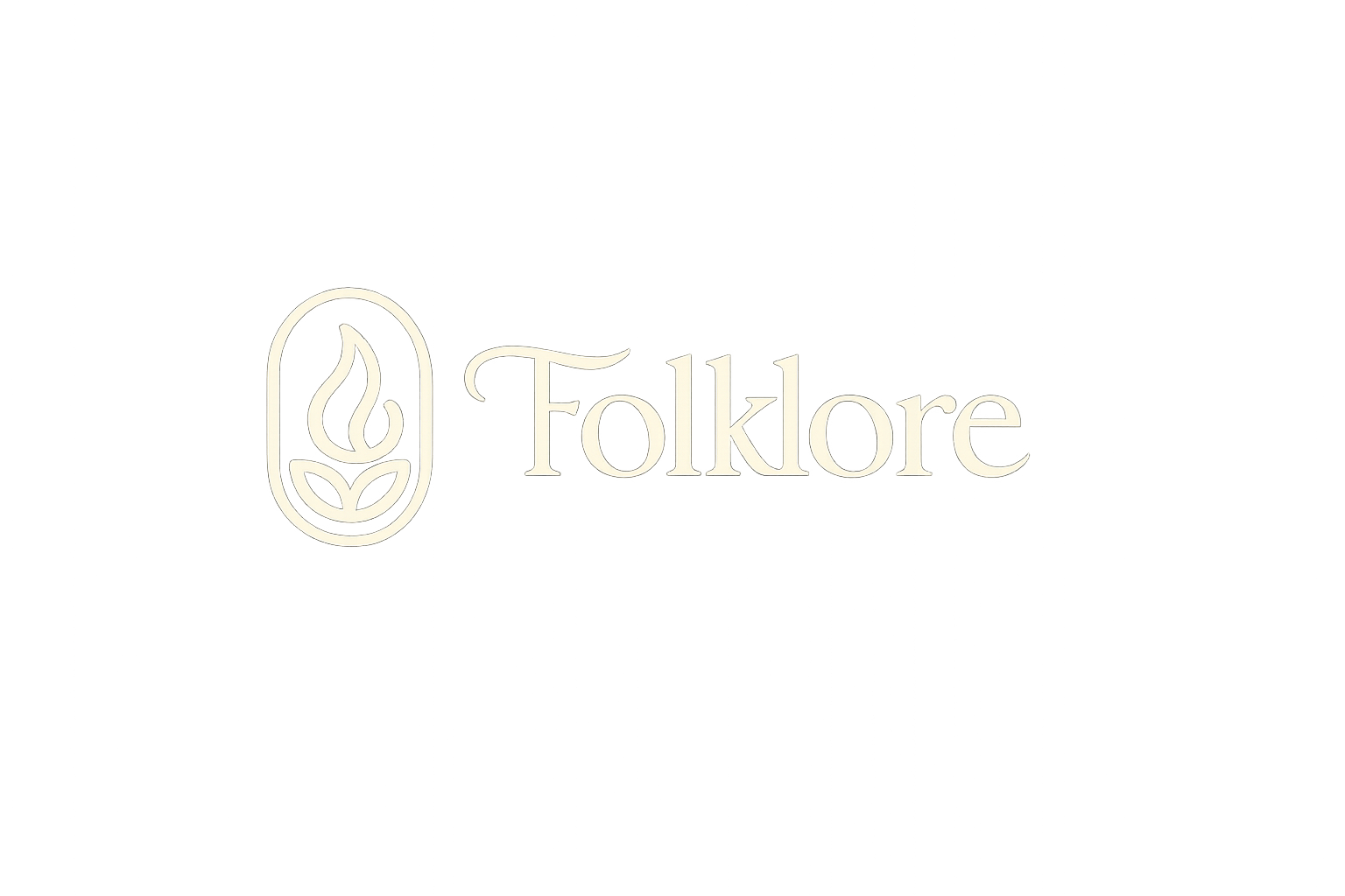 The logo features a stylized flame enclosed in a leaf shape, next to the word "Folklore" in elegant, serif font on a black background.