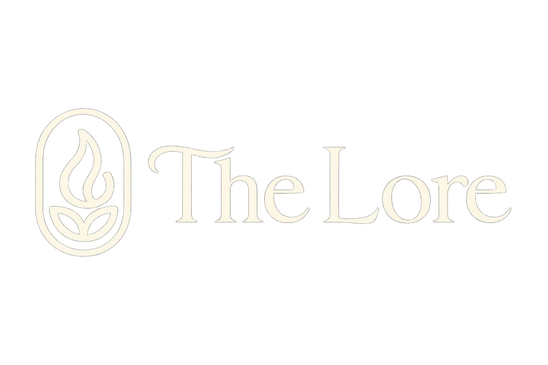 Logo with a stylized flame and leaf icon beside the text 'The Lore' in elegant serif font.