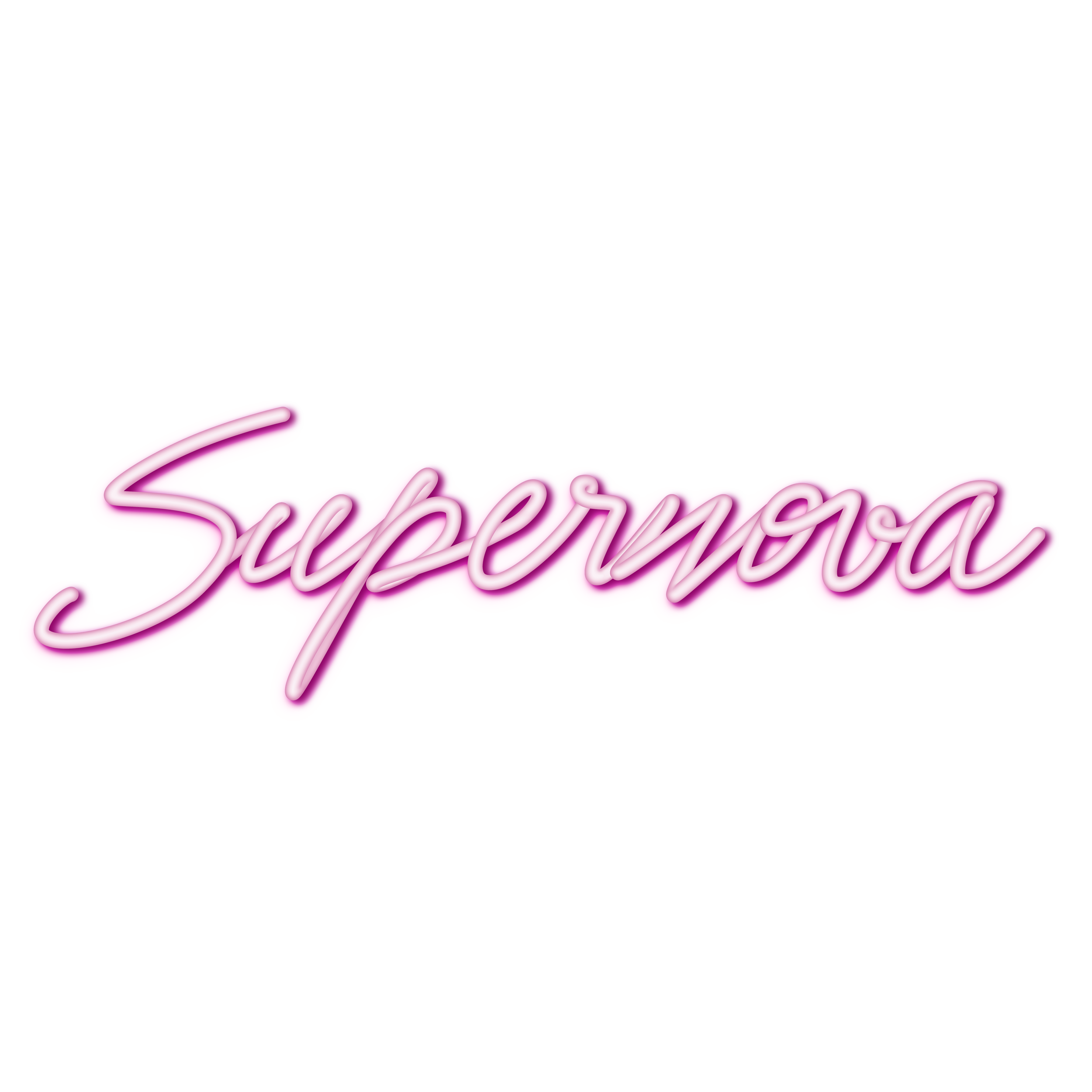 Neon pink sign spelling 'Supernova' in cursive script against a black background.