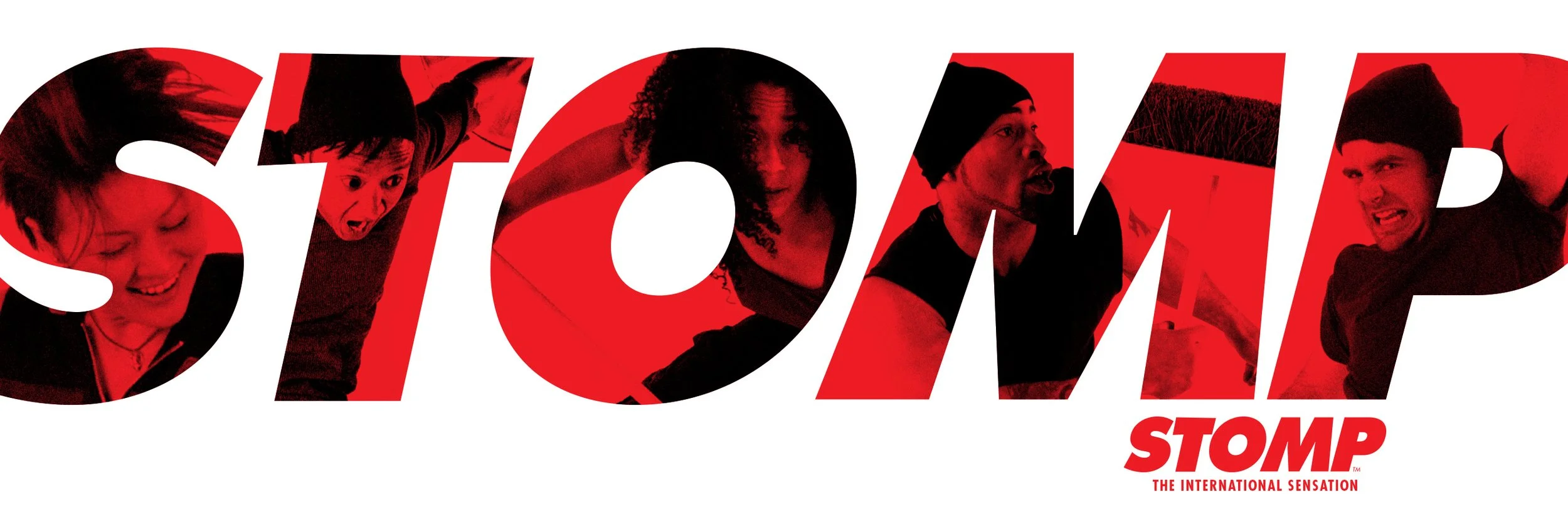 The word 'STOMP' in large red letters filled with images of diverse people dancing and expressing energetic emotions, with the tagline 'The International Sensation' underneath.