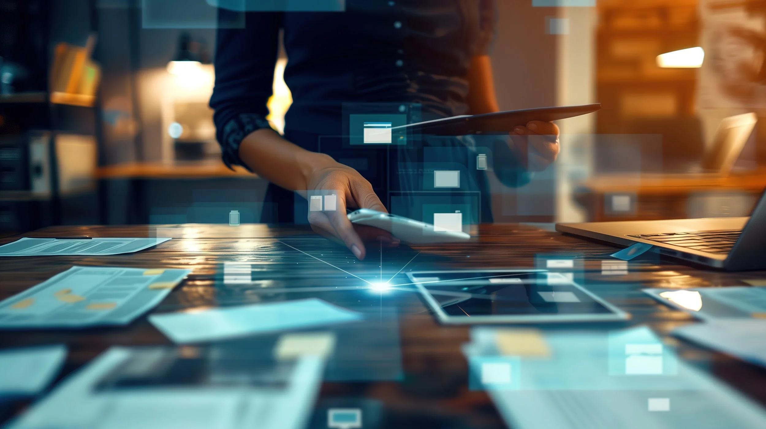 Closeup of person at desk using tablet
