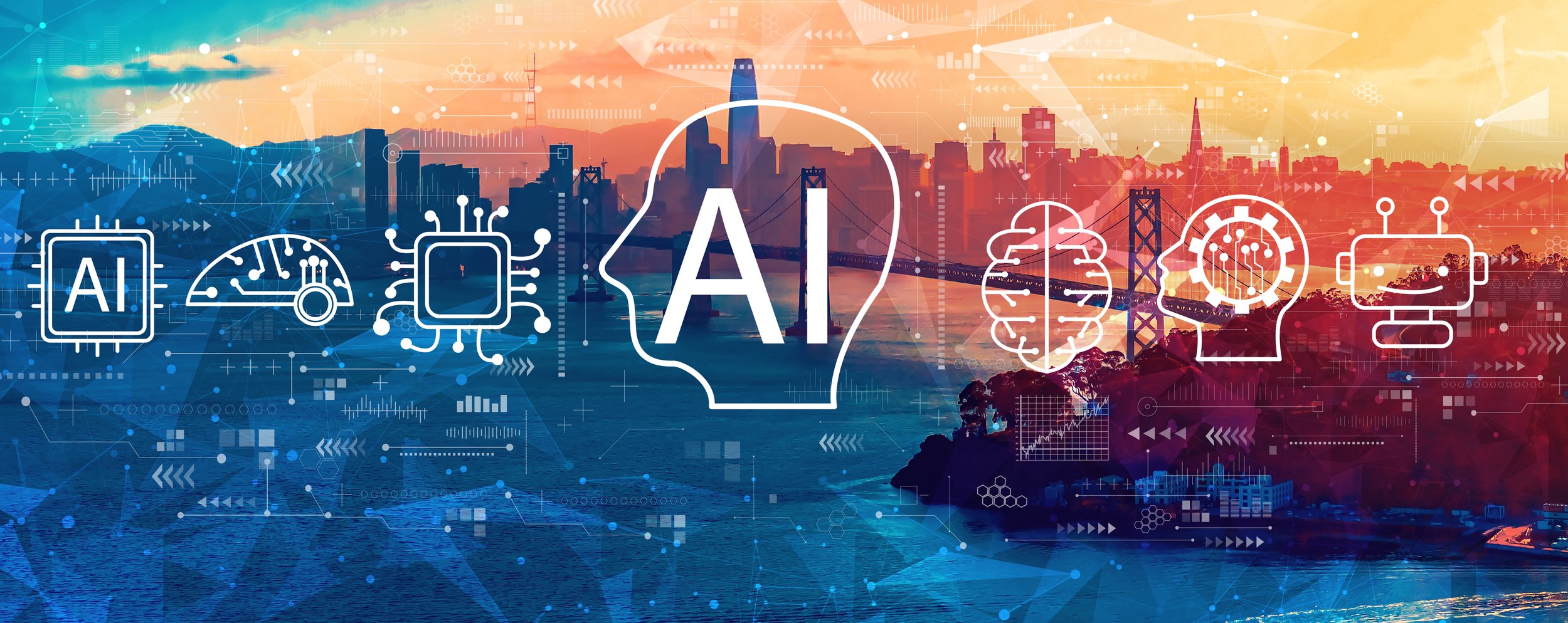 Animation with cityscape in the background and technology themed line graphics that includes a head with AI written in it