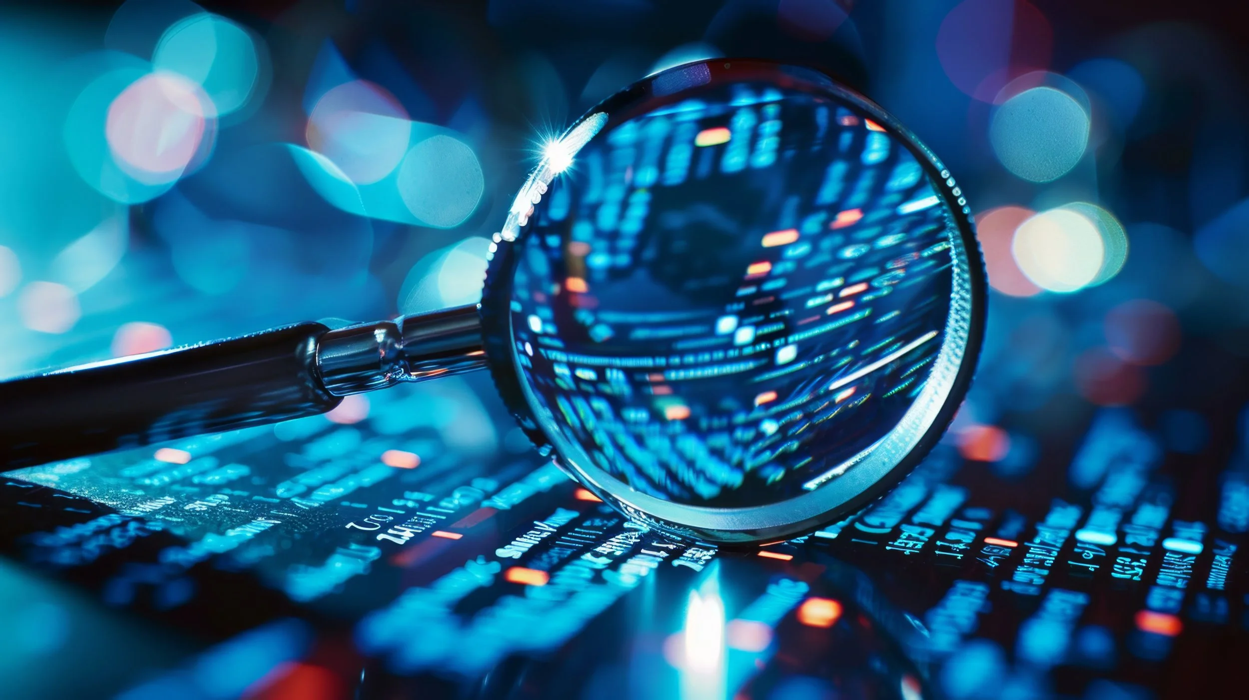 Closeup of Magnifying glass with illuminated code highlighted and magnified