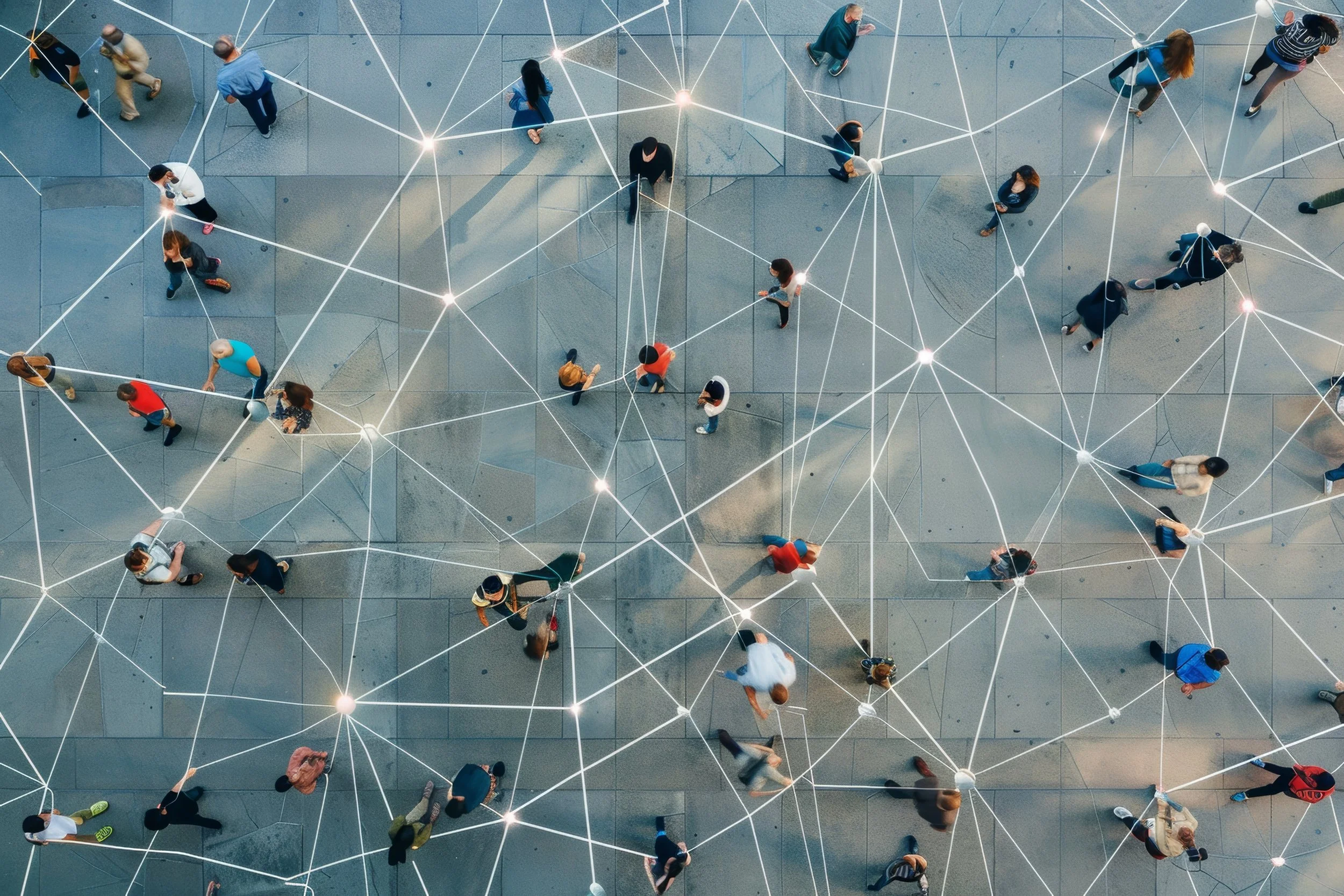 Line Connections above city with people walking on the street