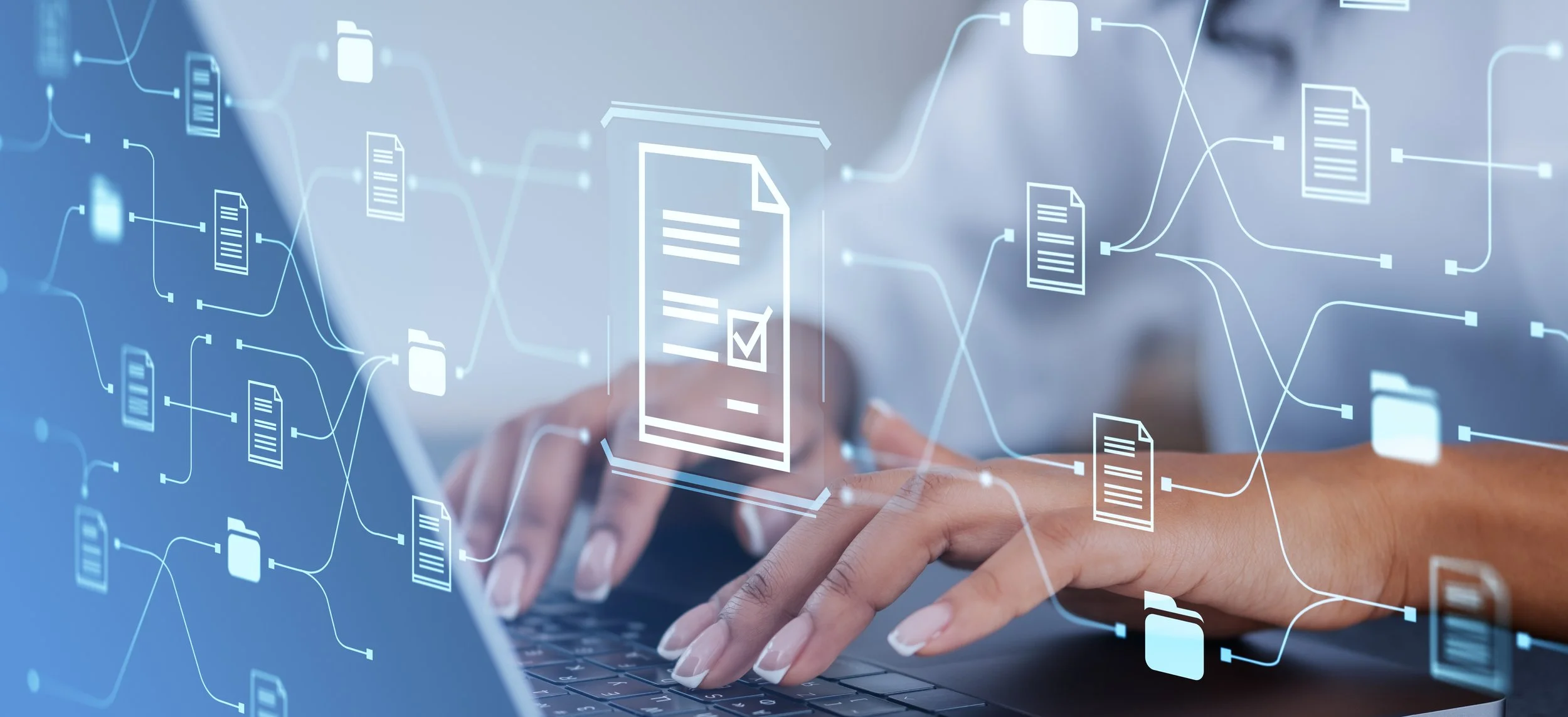 Closeup of hands on keyboard with animated files with connections between documents and folders