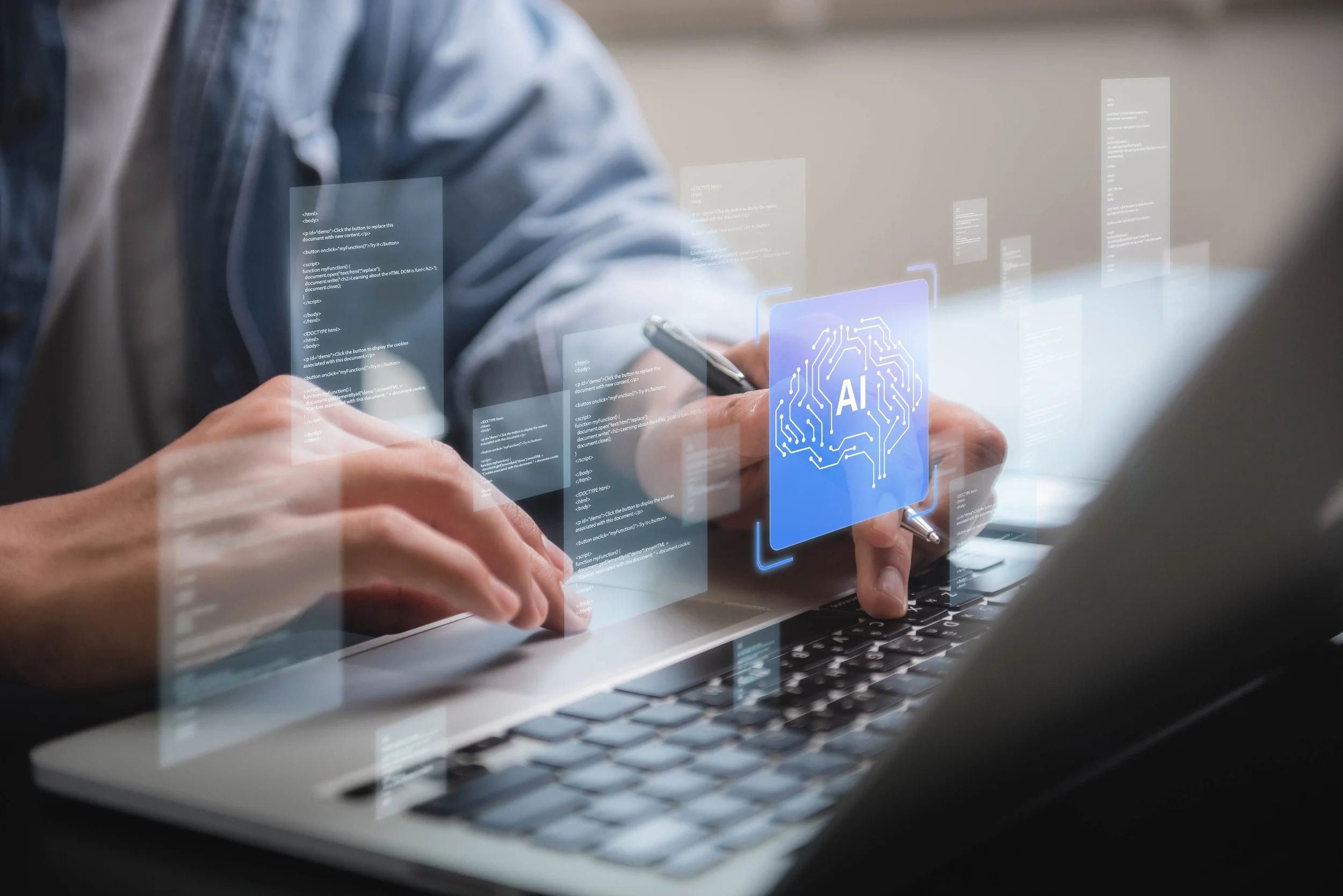 Closeup of worker on laptop with animated graphics of documents and words AI inside one of the documents
