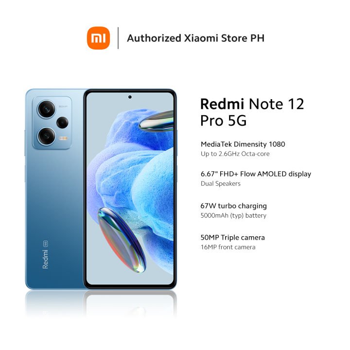 Budget Redmi Note 12 Pro 5G review Philippines, Advertisement for Redmi Note 12 Pro 5G smartphone Philippines, listing features like MediaTek Dimensity 1080, 6.67-inch FHD+ AMOLED display, 67W charging, 50MP triple camera, and 16MP front camera.