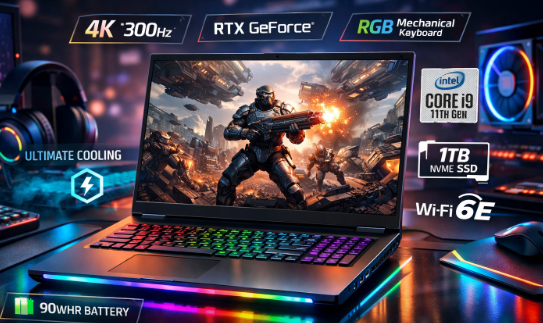 Gaming laptop with a fiery military scene on screen, surrounded by icons and labels for 4K 300Hz, RTX GeForce graphics, RGB mechanical keyboard, Intel Core i9 11th Gen, 1TB NVMe SSD, Wi-Fi 6E, Ultimate Cooling, 90Whr battery.