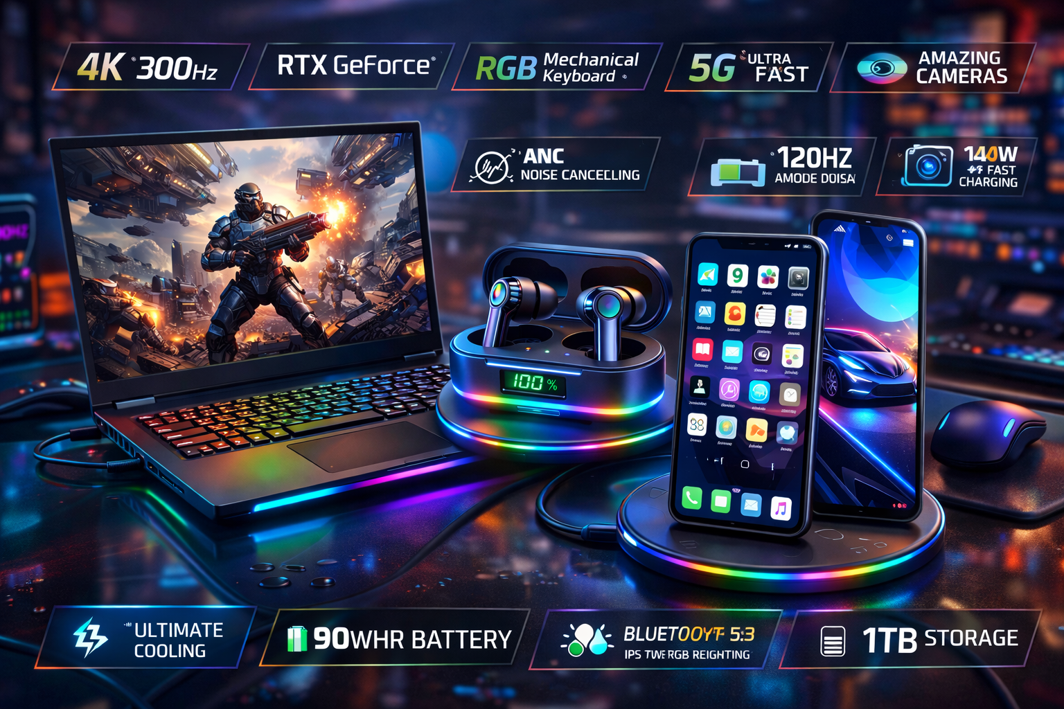 A collection of electronic gadgets on a desk in a high-tech setup, including a gaming laptop, wireless earbuds charging on a rainbow-lit charging pad, a smartphone, and a computer mouse, with various tech icons and specifications displayed above.