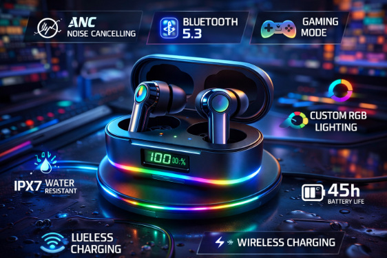 Wireless earbuds in a charging case with RGB lighting, Bluetooth 5.3, ANC noise canceling, gaming mode, IPX7 waterproof, 45 hours battery, wireless charging, and lueless charging, set against a colorful tech background.