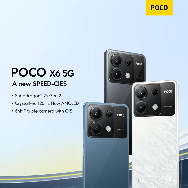 Budget POCO X6 5G review Philippines, POCO X6 5G Philippines. Advertisement showcasing three POCO X6 5G smartphones Philippines in black, blue, and white colors, with camera specifications and features listed.