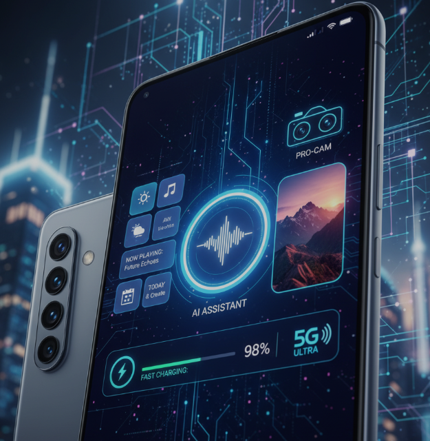 Smartphone displaying AI assistant interface with music controls, weather, calendar, and 5G connectivity icons, set against a futuristic digital background.