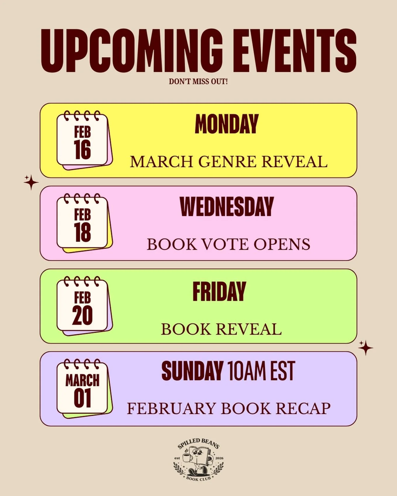 A few dates worth knowing ✨
Read along. Pop in. Stay awhile.

#InMyReadingEra #bookishcommun&iacute;ty #BookClubEnergy #ReadersOfInstagram #SpilledBeansBookClub