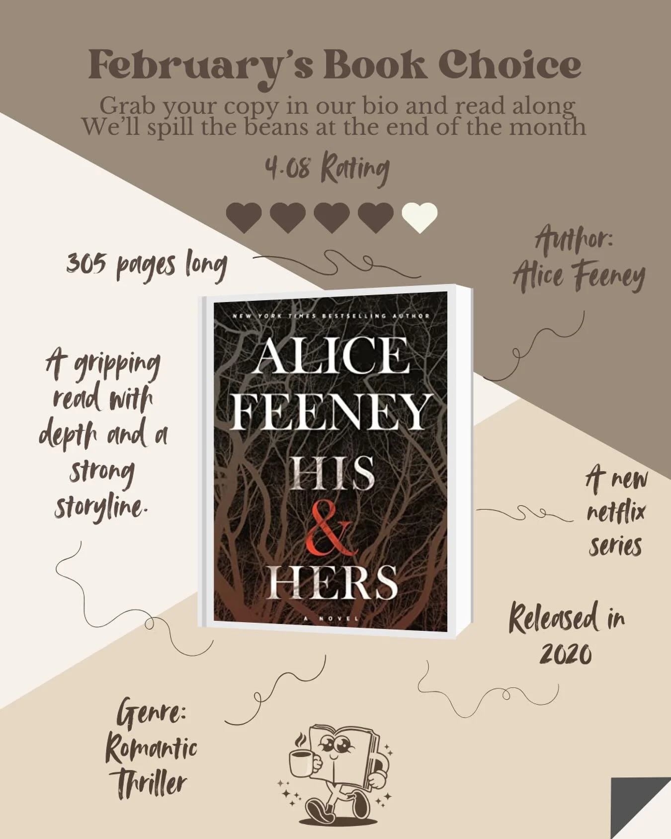 February&rsquo;s book choice is officially here 📚✨
His &amp; Hers by Alice Feeney takes the win, by just ONE vote.
Grab your copy via the link in our bio and read with us.
We&rsquo;ll be meeting at the end of the February to SPILL the beans. 

#Book