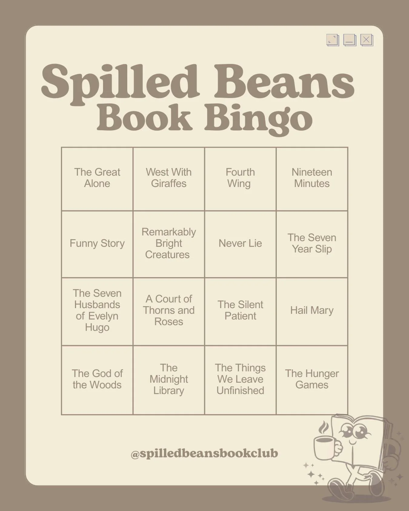 Book bingo is here! Got a square checked off already?👀

Post your bingo card in your stories and don&rsquo;t forget to tag us!
#bookish #bookclub #spilledbeansbookclub #readingiscool