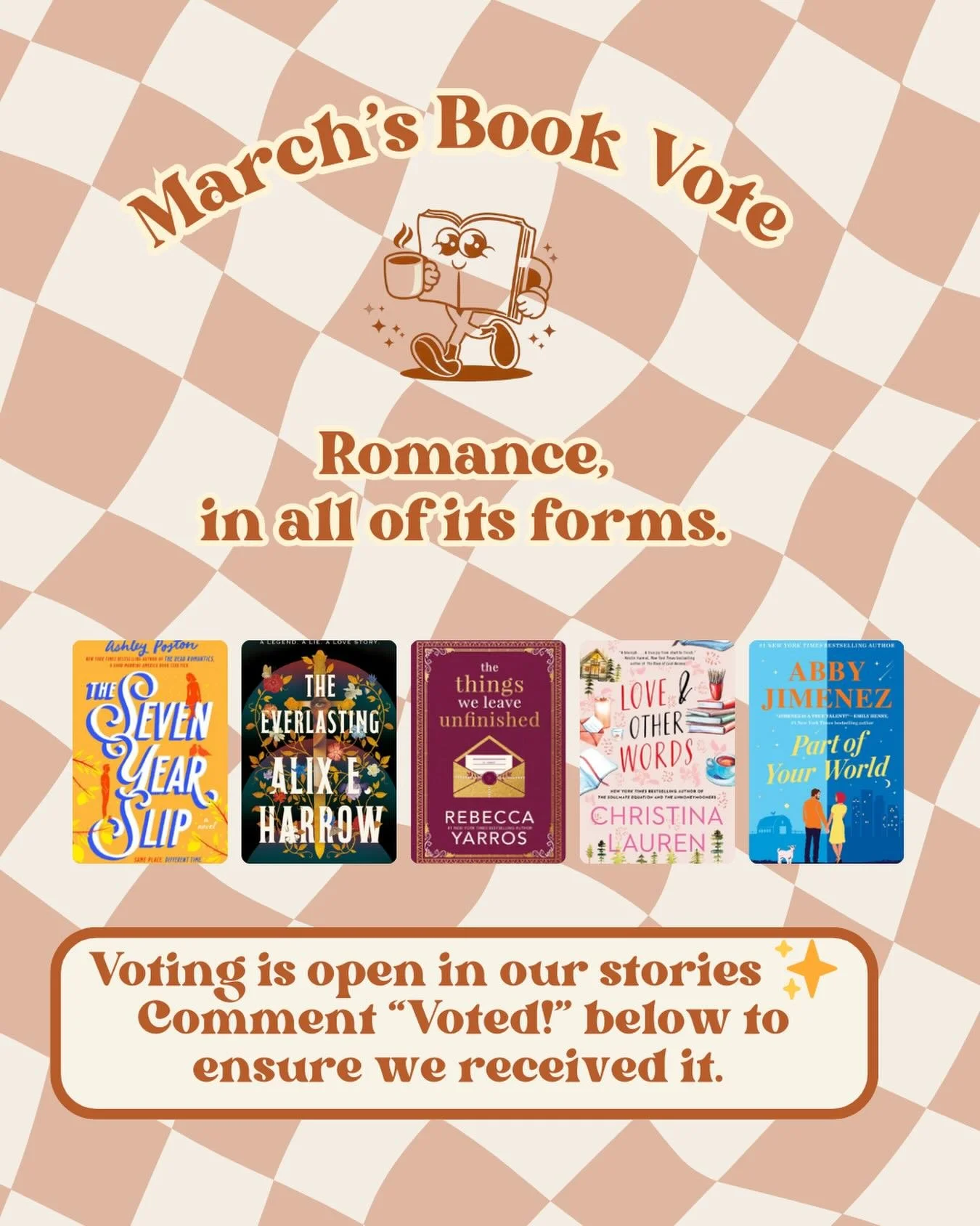 We&rsquo;ve lined up 5 contenders. Only one gets the crown. 👑📖
March Book Vote is officially open! Cast your vote, rally your friends, and let&rsquo;s see which story we&rsquo;re diving into next.
Reading alone, together &mdash; starting with your 