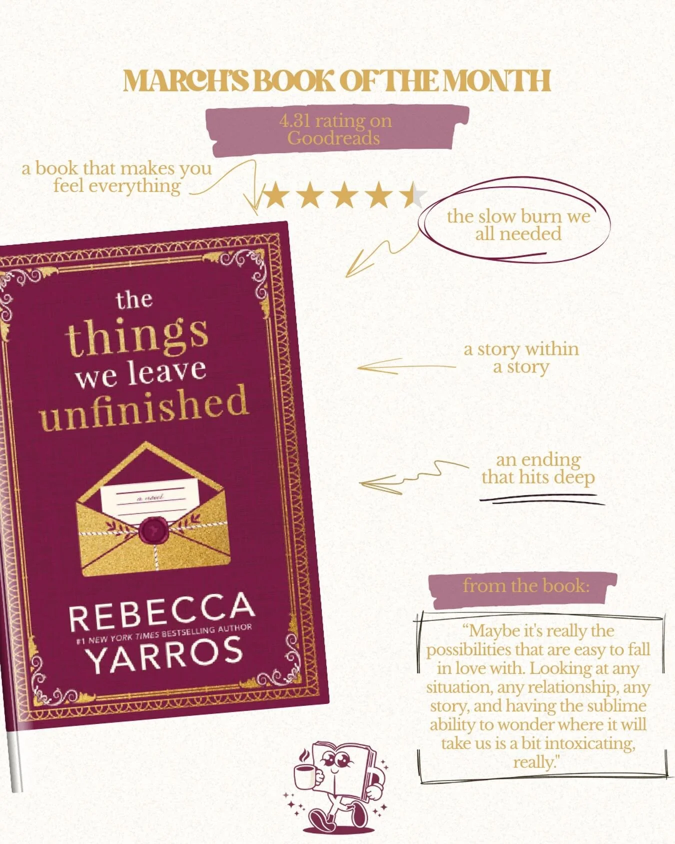 MARCH&rsquo;S PICK IS HERE:
The slow burn we all needed.
The Things We Leave Unfinished 💌
Discussion date coming soon.
#bookish #bookstagram #spilledbeansbookclub #readingiscool #bookclub