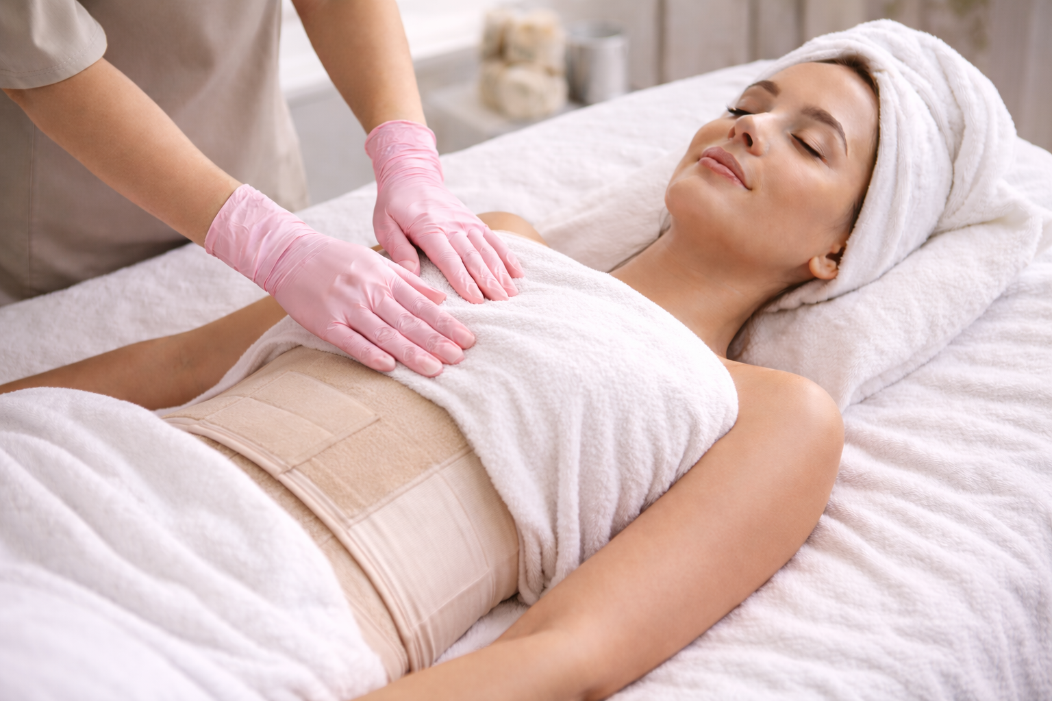 Woman receiving a massage on her abdomen from a therapist wearing pink gloves in a spa setting.