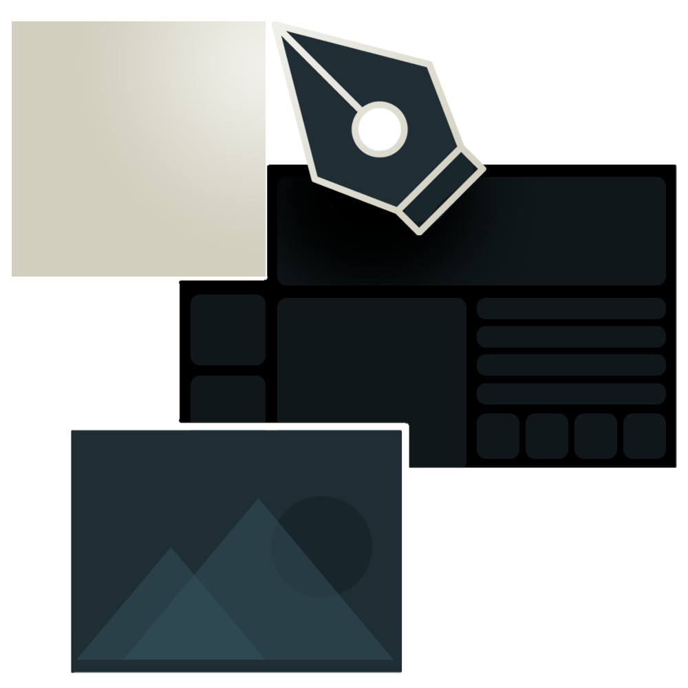 Digital illustration of a black typewriter with a pen nib icon on top, accompanied by a photo frame with mountain and sun graphic.