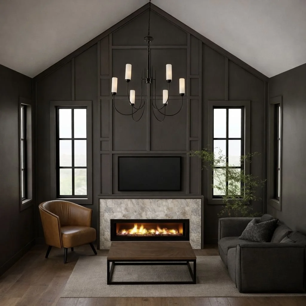 Modern living room with a fireplace, flat-screen TV, dark gray walls, three tall windows, a chandelier, a brown armchair, a gray sofa with pillows, a coffee table, and a potted plant.