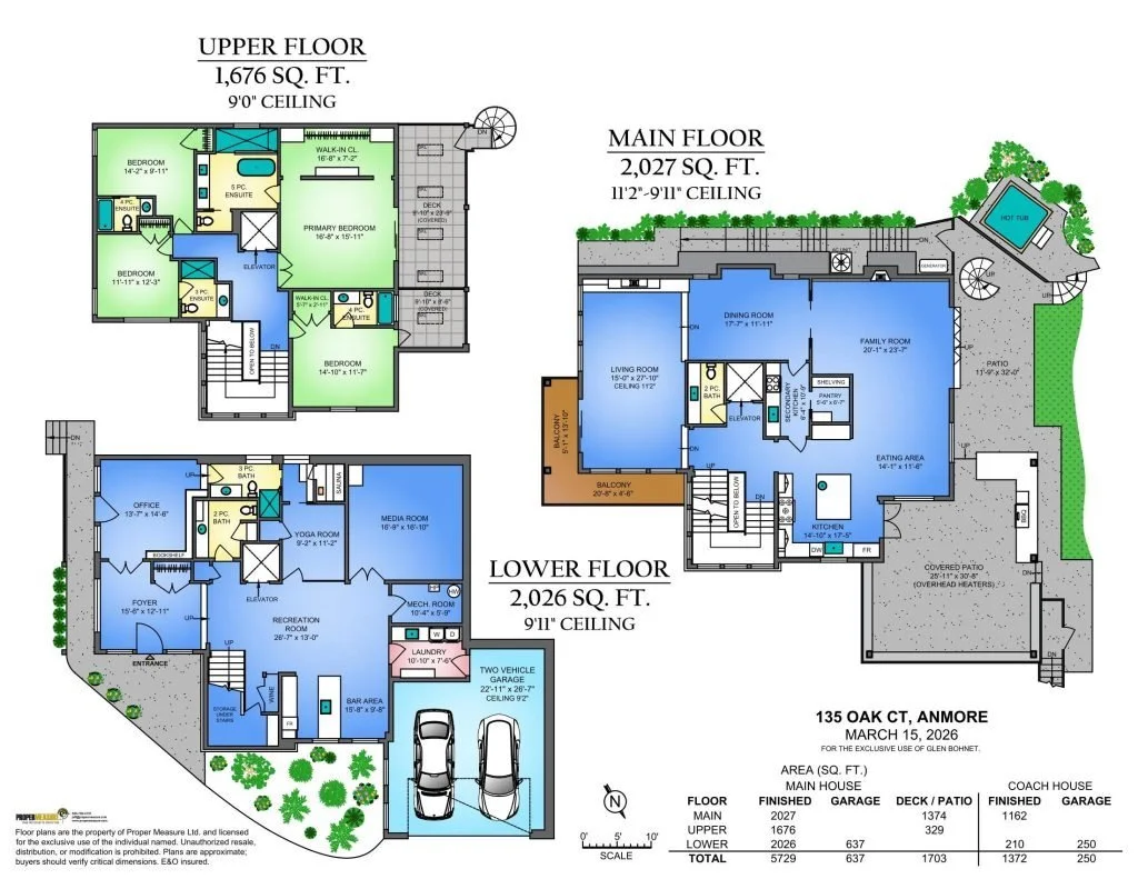 Floor plan of a multi-level house showing the layout of the main, upper, and lower floors with room sizes, features, and outdoor areas, including a pool, deck, balcony, garage, and landscaped yard.