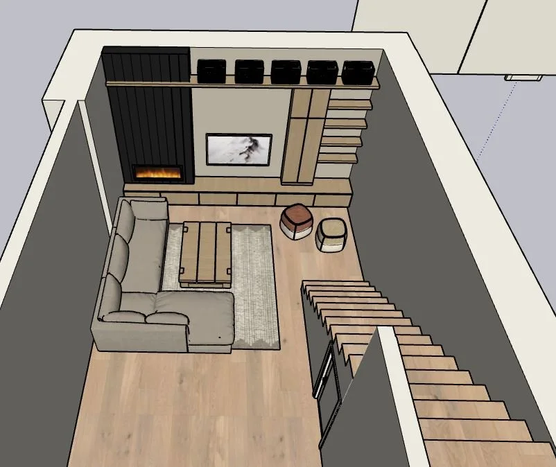 A 3D rendering of a modern living room with a L-shaped sofa, a wooden coffee table, a fireplace, a wall-mounted TV, stairs, and built-in shelves.