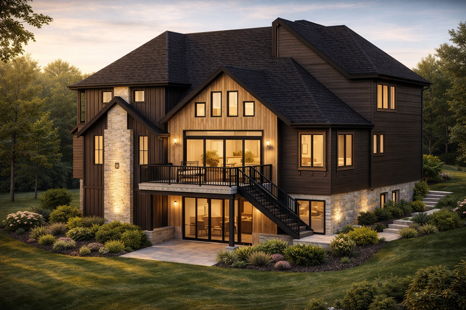 A modern two-story house with black wooden siding, large windows, and a stone chimney, surrounded by greenery and flowers at sunset.