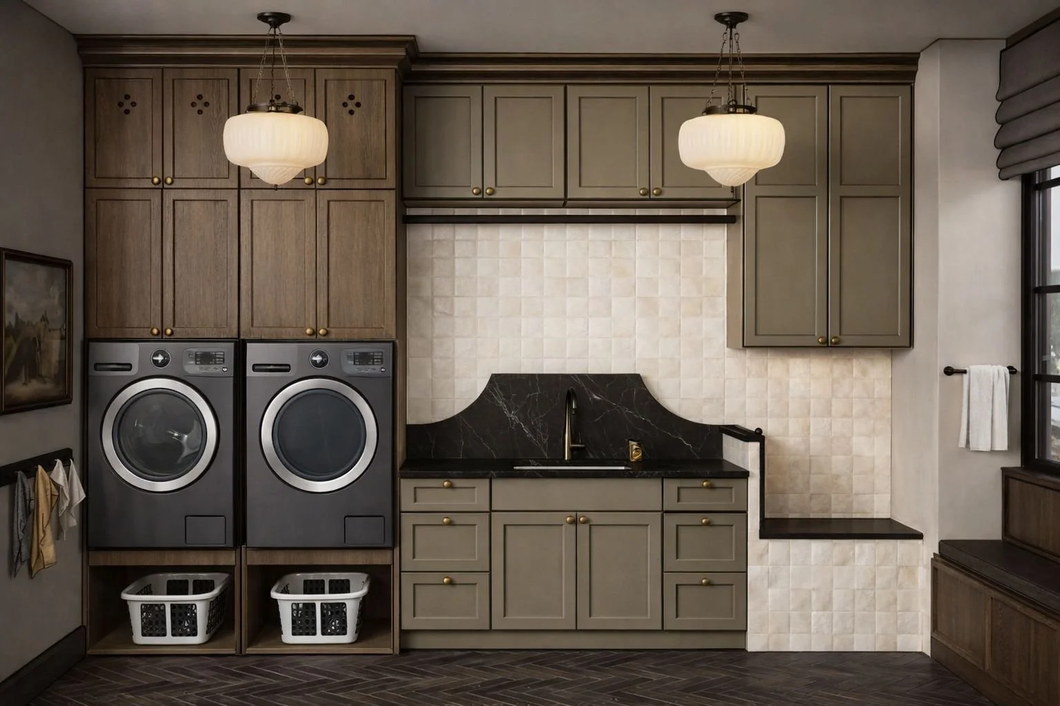 A laundry room with gray cabinets, a black marble sink countertop, and a beige tiled wall backsplash. There are two front-loading washing machines, a window, two hanging pendant lights, and a towel rack.
