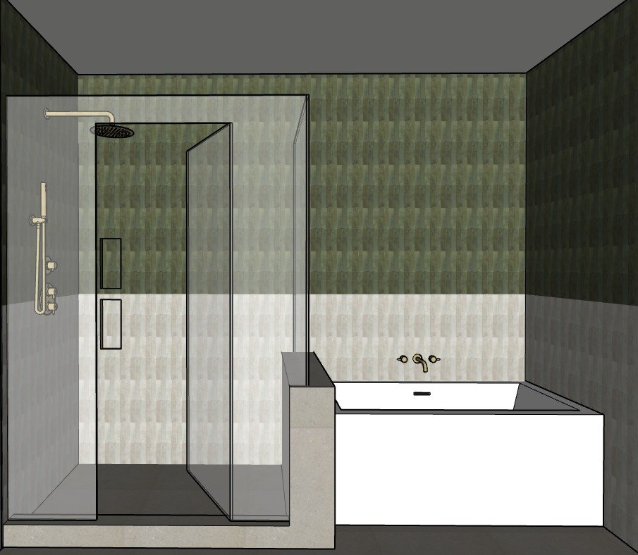Bathroom with walk-in shower on the left and a bathtub on the right. The shower has a glass door, a showerhead, and a handheld shower wand. The walls are tiled with a green and beige pattern.