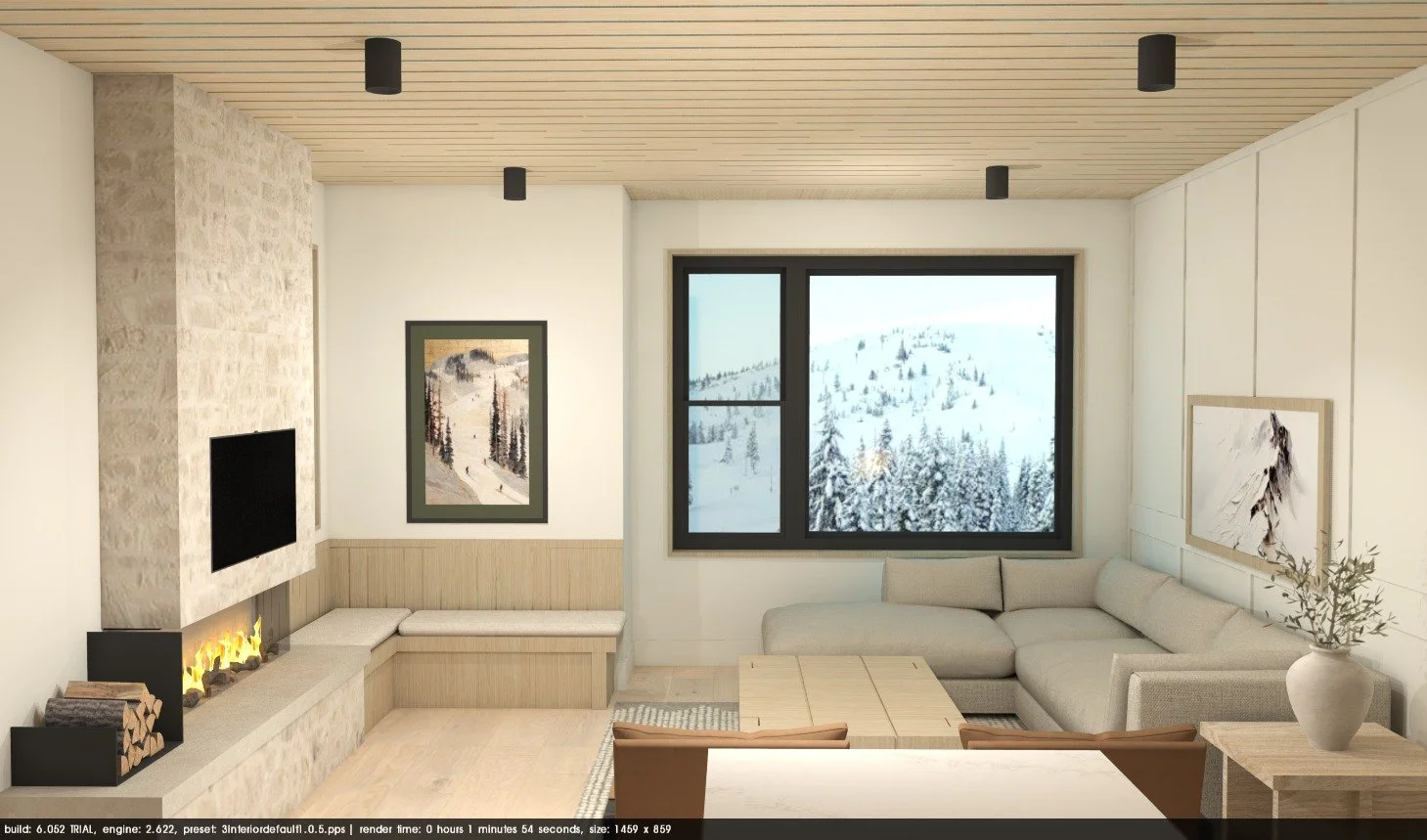 Modern living room with a fireplace, large window showing snowy landscape, beige sectional sofa, framed artwork, potted plant, wood-paneled ceiling, and wooden flooring.