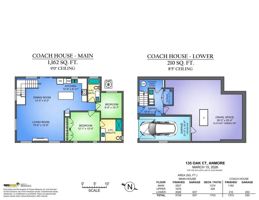 Floor plan of two-story house with labeled rooms, dimensions, and area measurements. Main level has a living room, dining room, kitchen, two bedrooms, and bathrooms. Lower level has a garage, storage, entry, and crawl space.