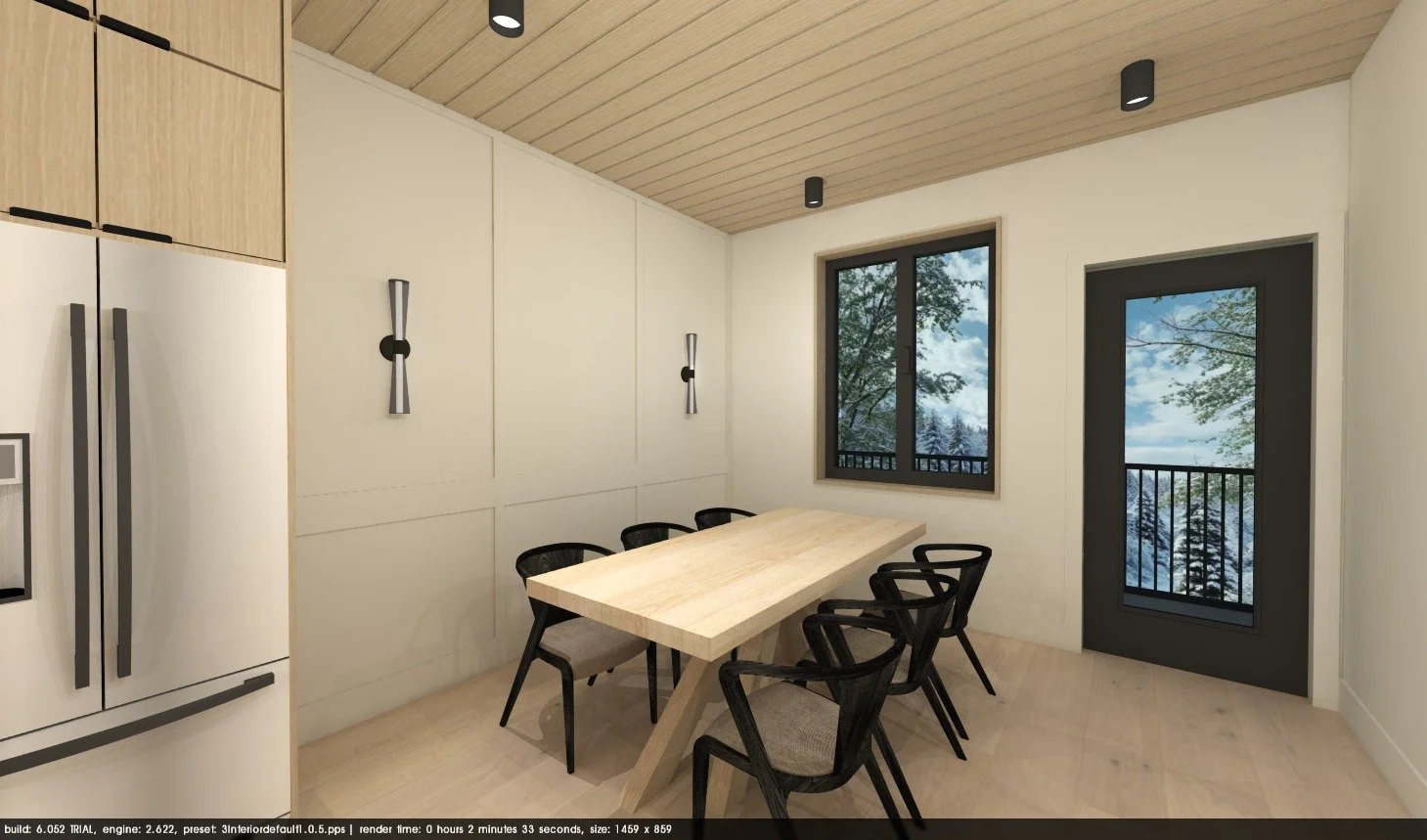 Interior of a dining room with a wooden table, six black chairs, a window, and a door with a balcony view of trees and sky.