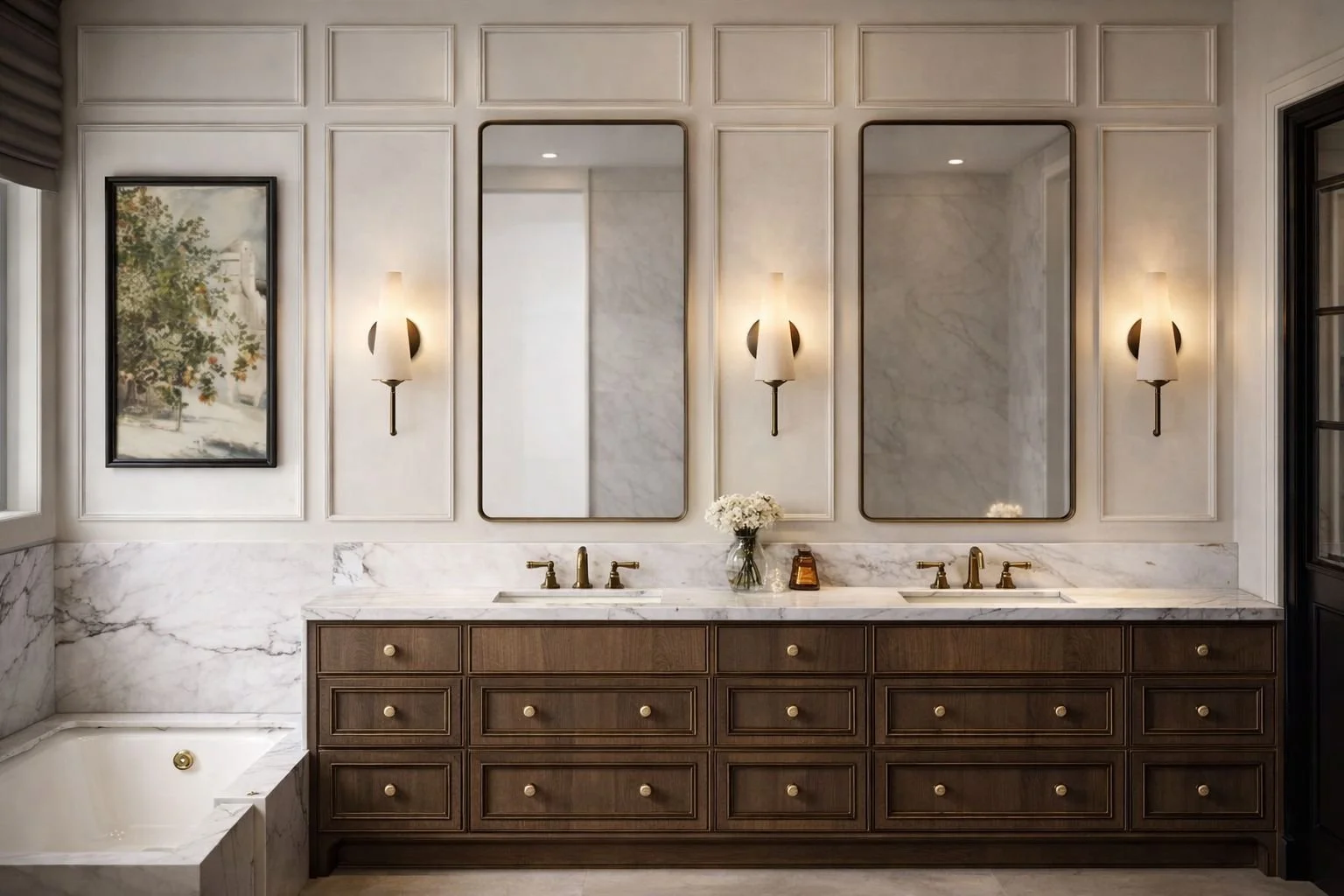 A hotel or home bathroom with a double vanity, marble countertop, two mirrors, two wall lights, a framed painting of trees, a flower vase, and a bathtub on the left.