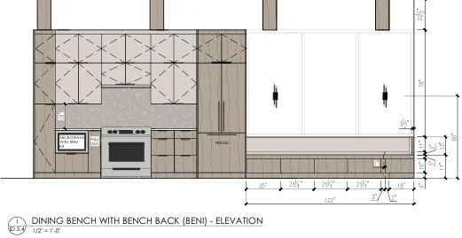 Architectural drawing of a dining bench with bench back, showing dimensions and elevation details.